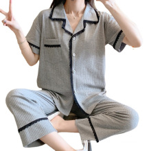 Spring Long Pants Sleepwear Women Pajamas Set Short Sleeve Cotton Pajamas